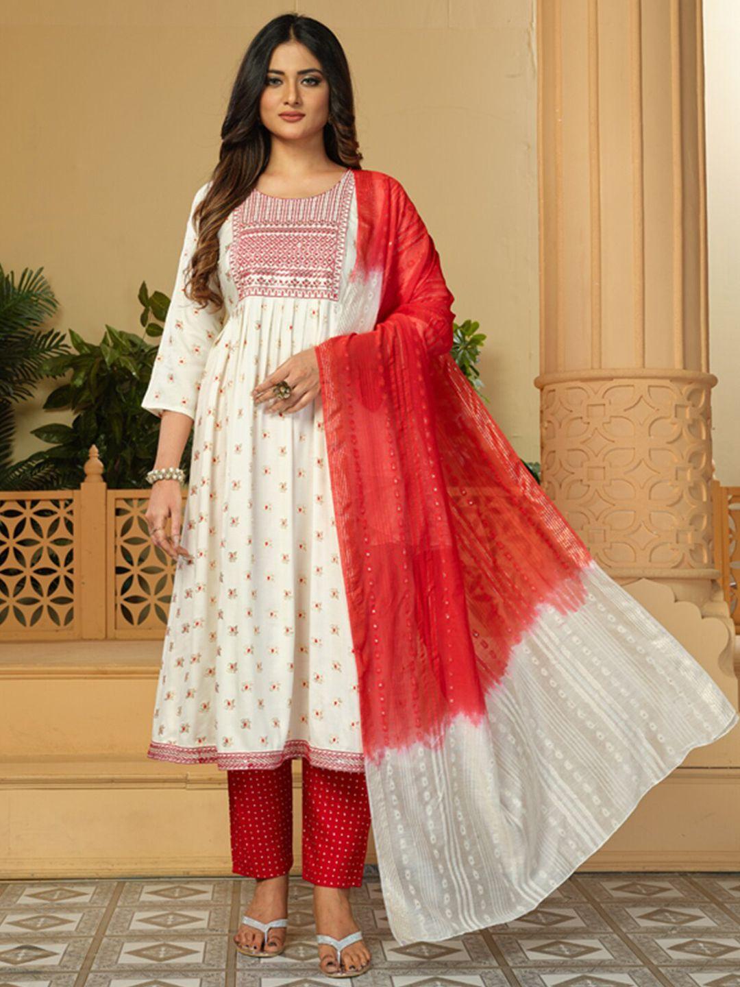 kalini floral printed thread work anarkali kurta & trousers with dupatta