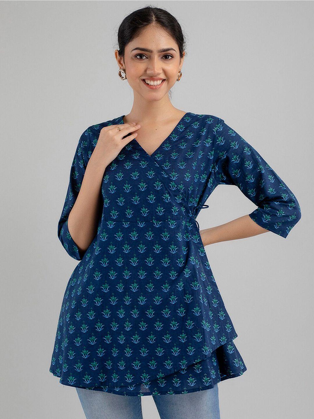 feranoid floral printed v-neck pure cotton angrakha kurti