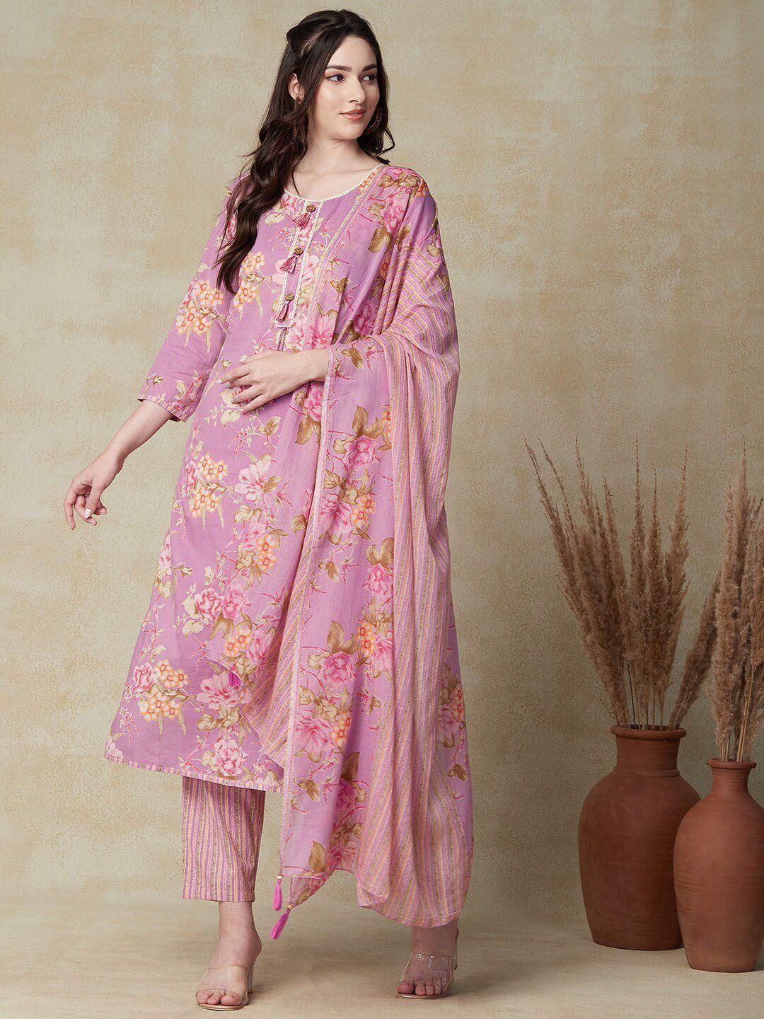 fashor mauve floral printed pure cotton kurta with trousers & dupatta