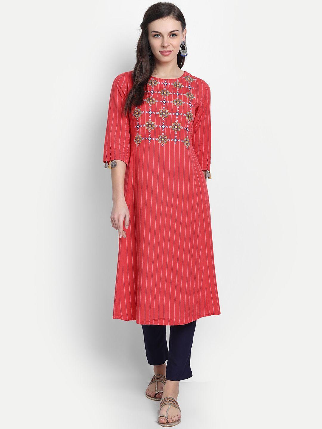 suti women coral ethnic motifs striped anarkali kurta