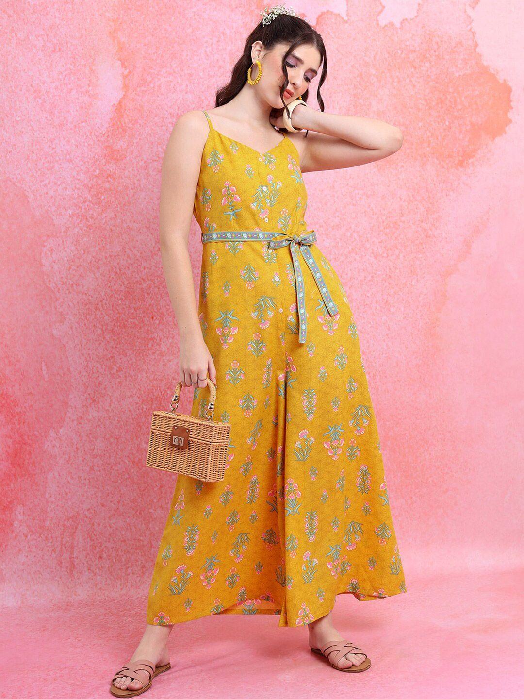 vishudh yellow & pink printed shoulder straps basic jumpsuit