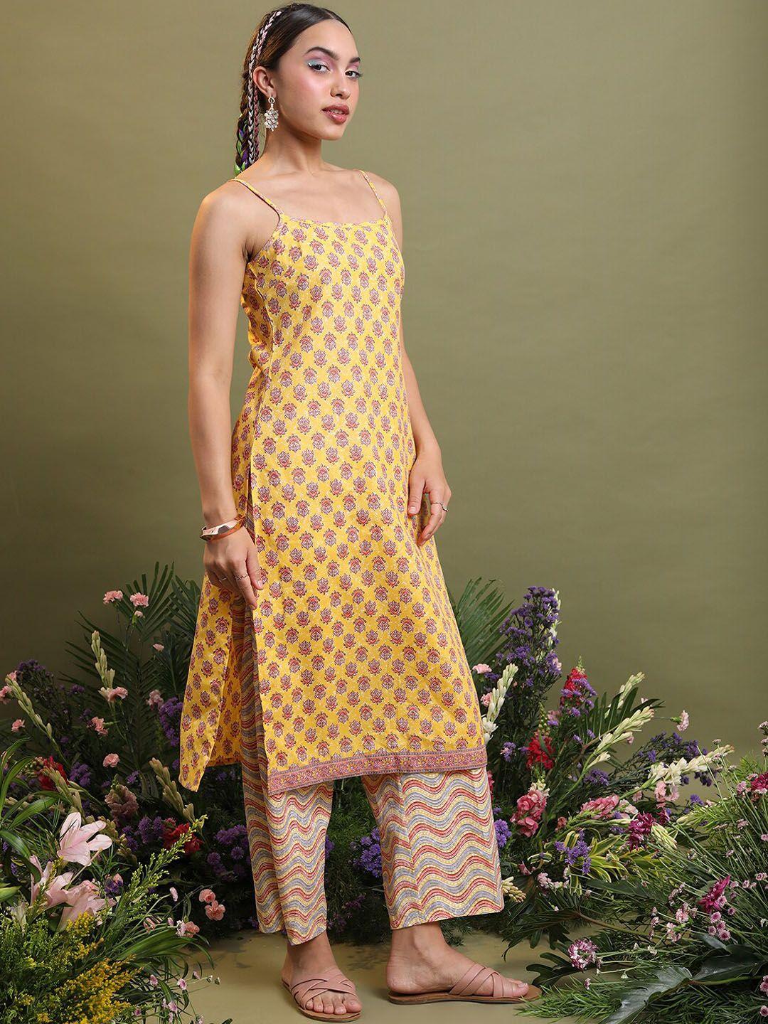 vishudh mustard yellow floral printed straight kurta with palazzos & with dupatta