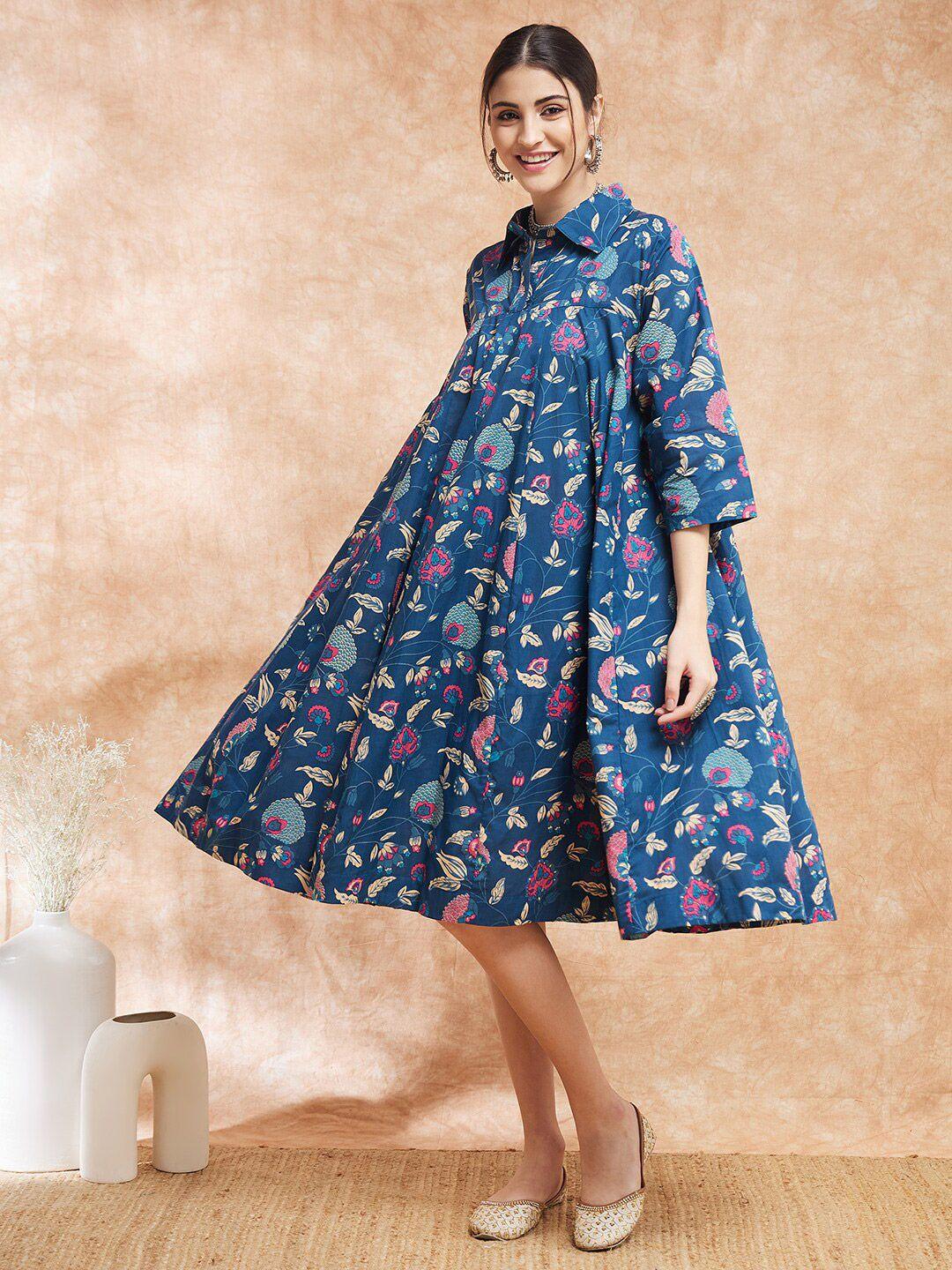 inweave floral printed shirt collar pleated a-line dress