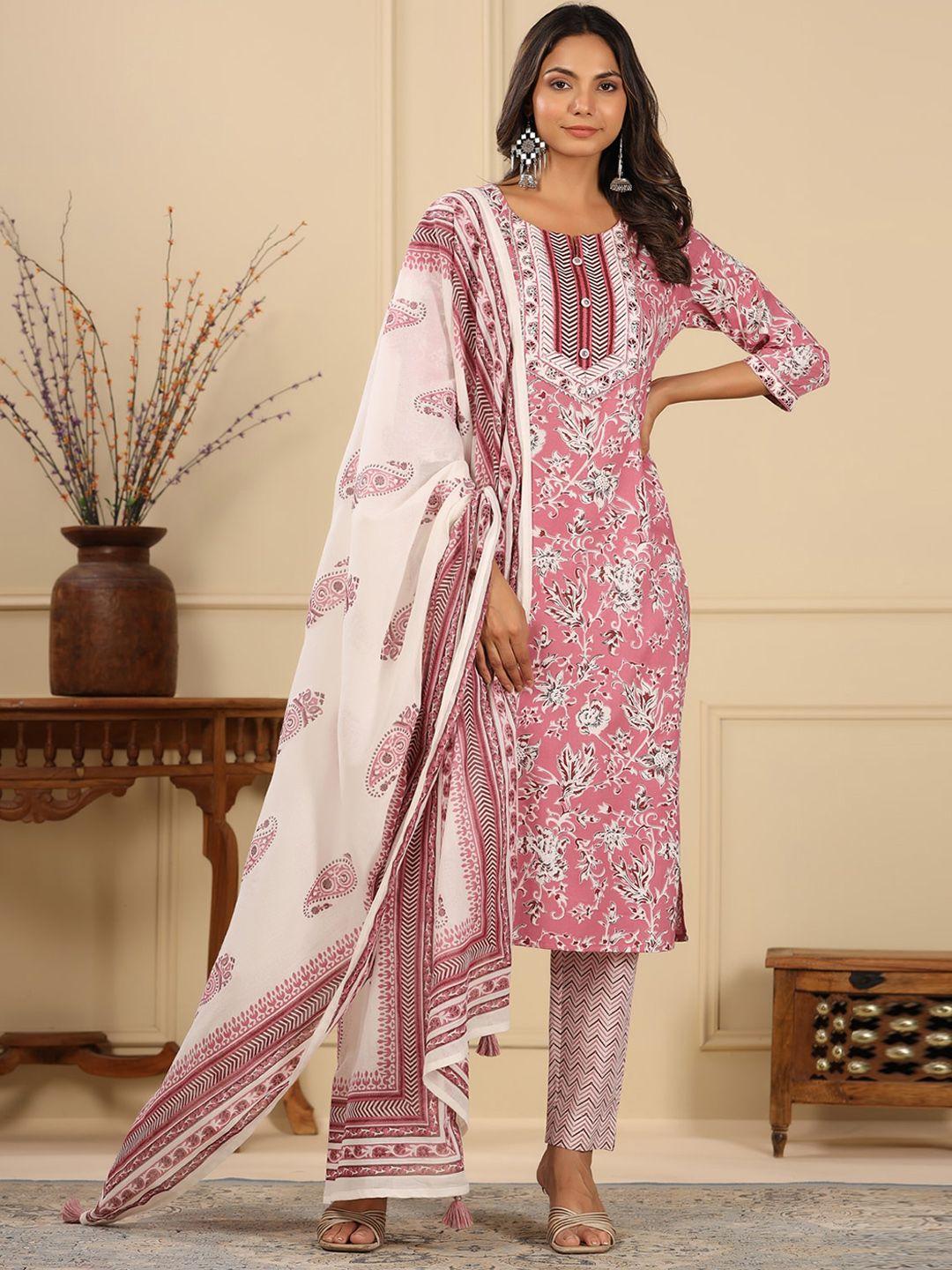 piroh floral printed gotta patti detail pure cotton kurta with trousers & with dupatta