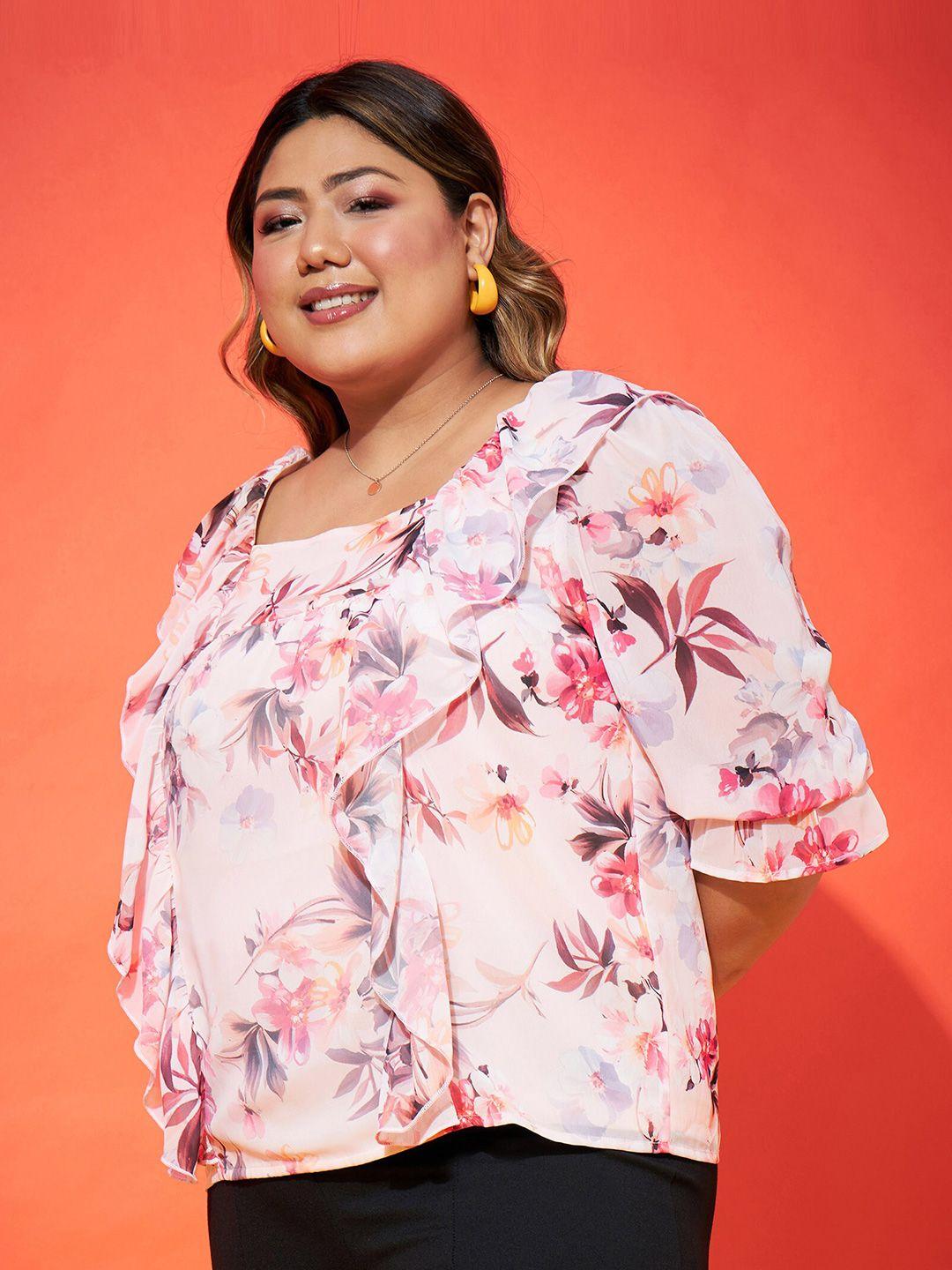 sassafras curve pink plus size floral printed square neck ruffle detail georgette top