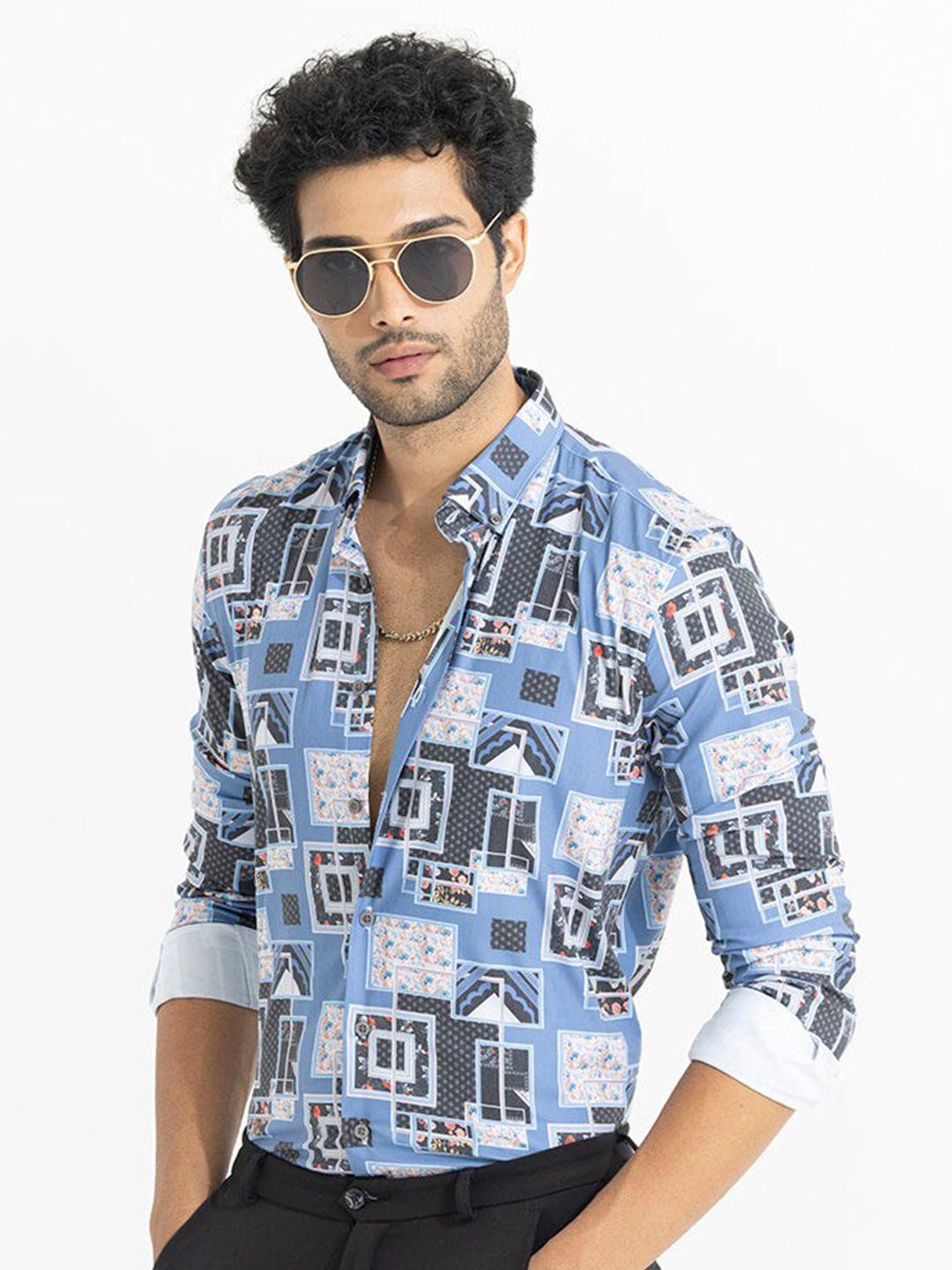 snitch men blue classic slim fit opaque printed casual shirt