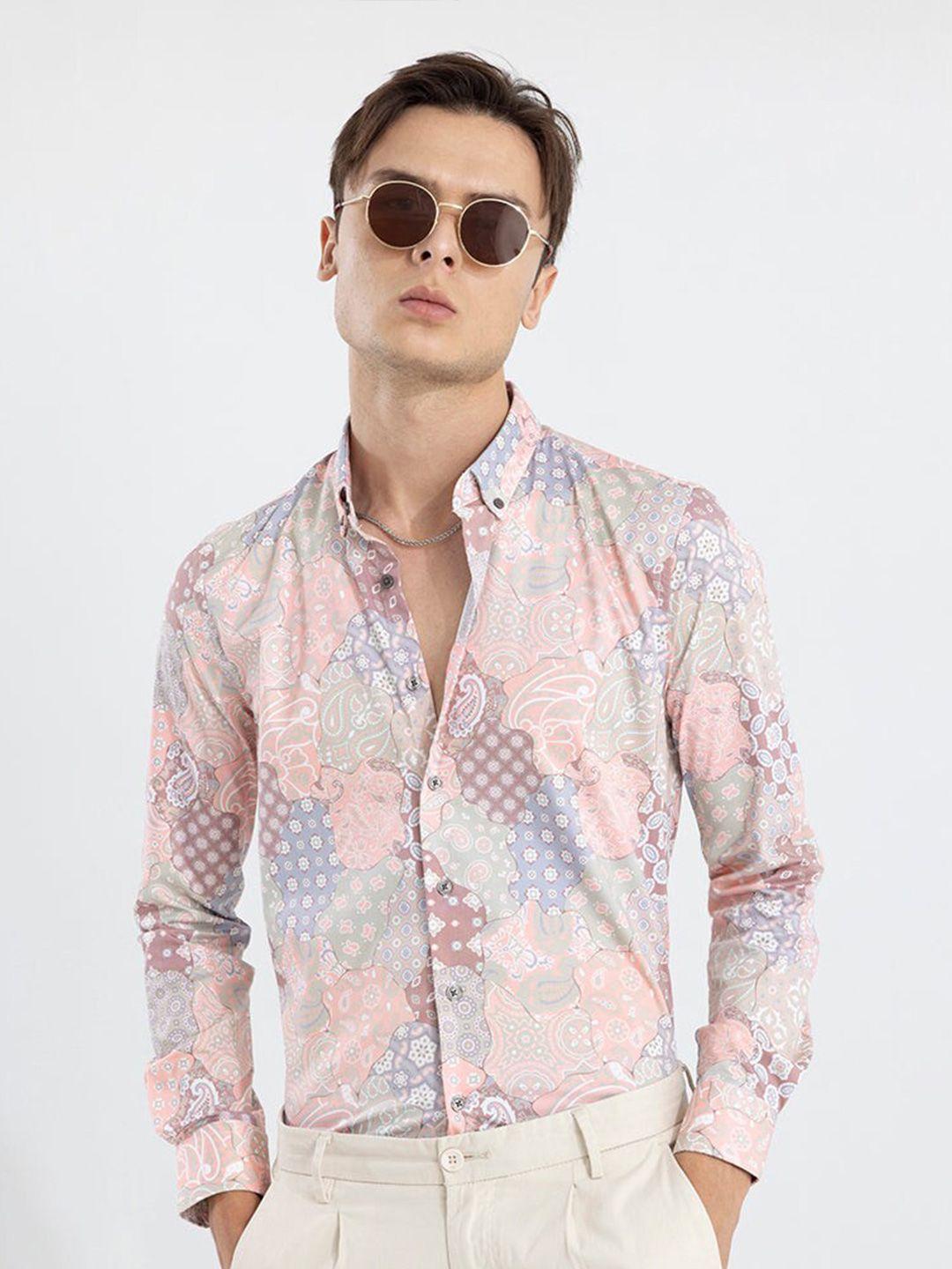 snitch men pink classic slim fit opaque printed casual shirt