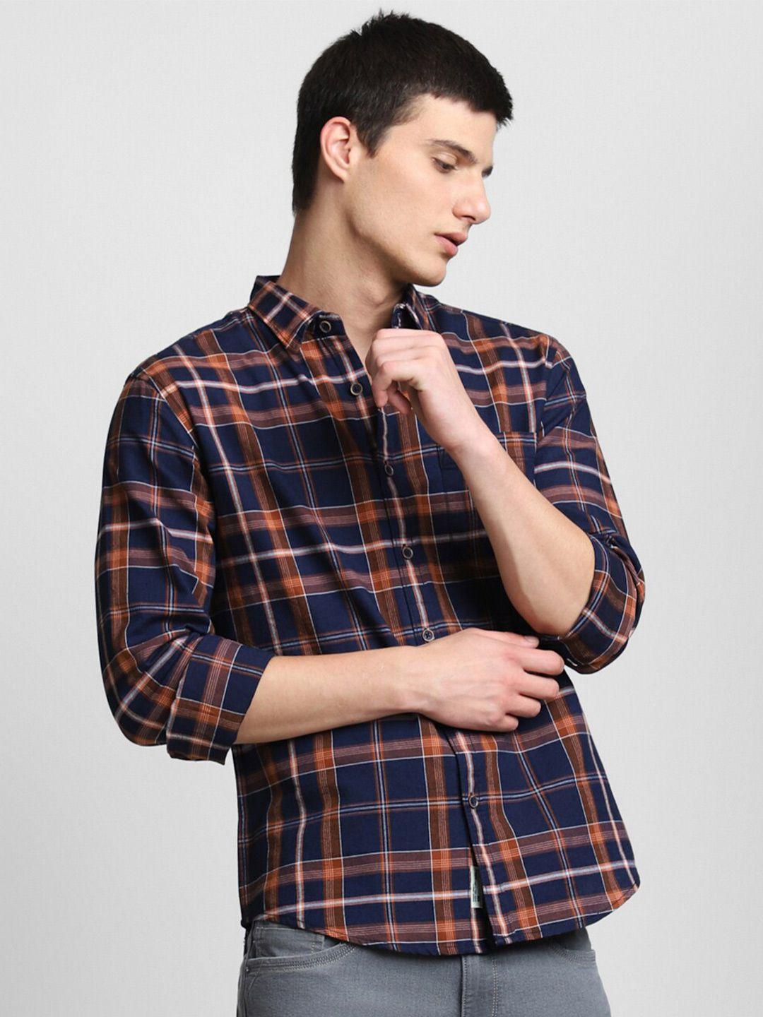 dennis lingo men rust slim fit tartan checks opaque checked casual shirt