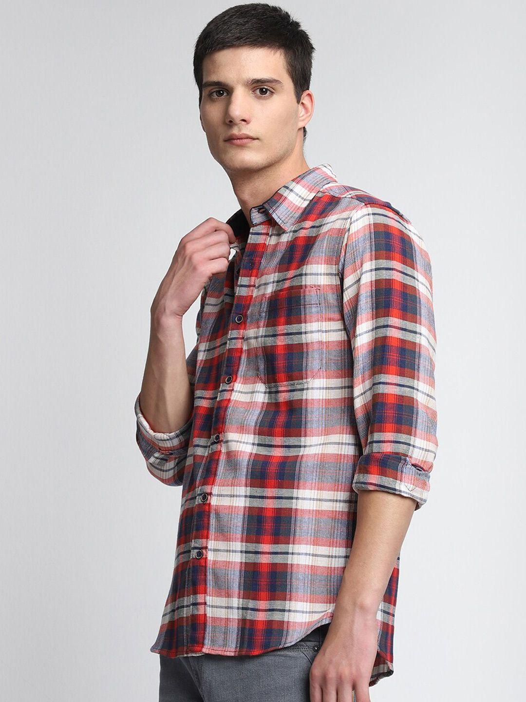 dennis lingo men rust slim fit tartan checks opaque checked casual shirt