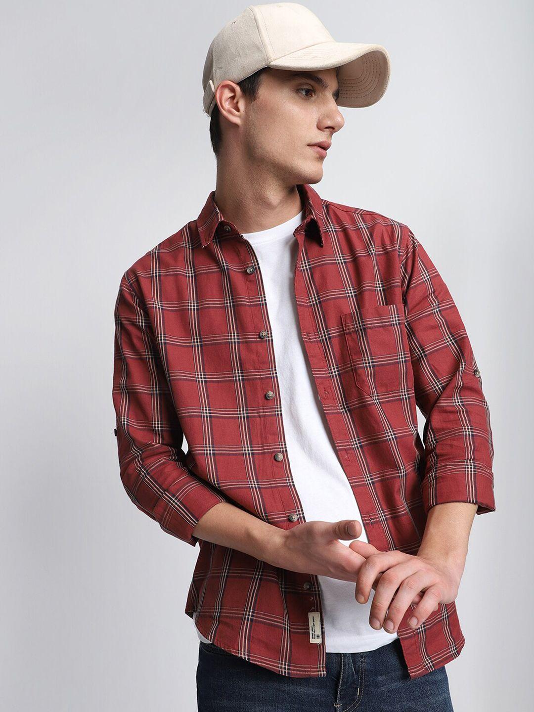 dennis lingo slim fit tartan checks pure cotton casual shirt