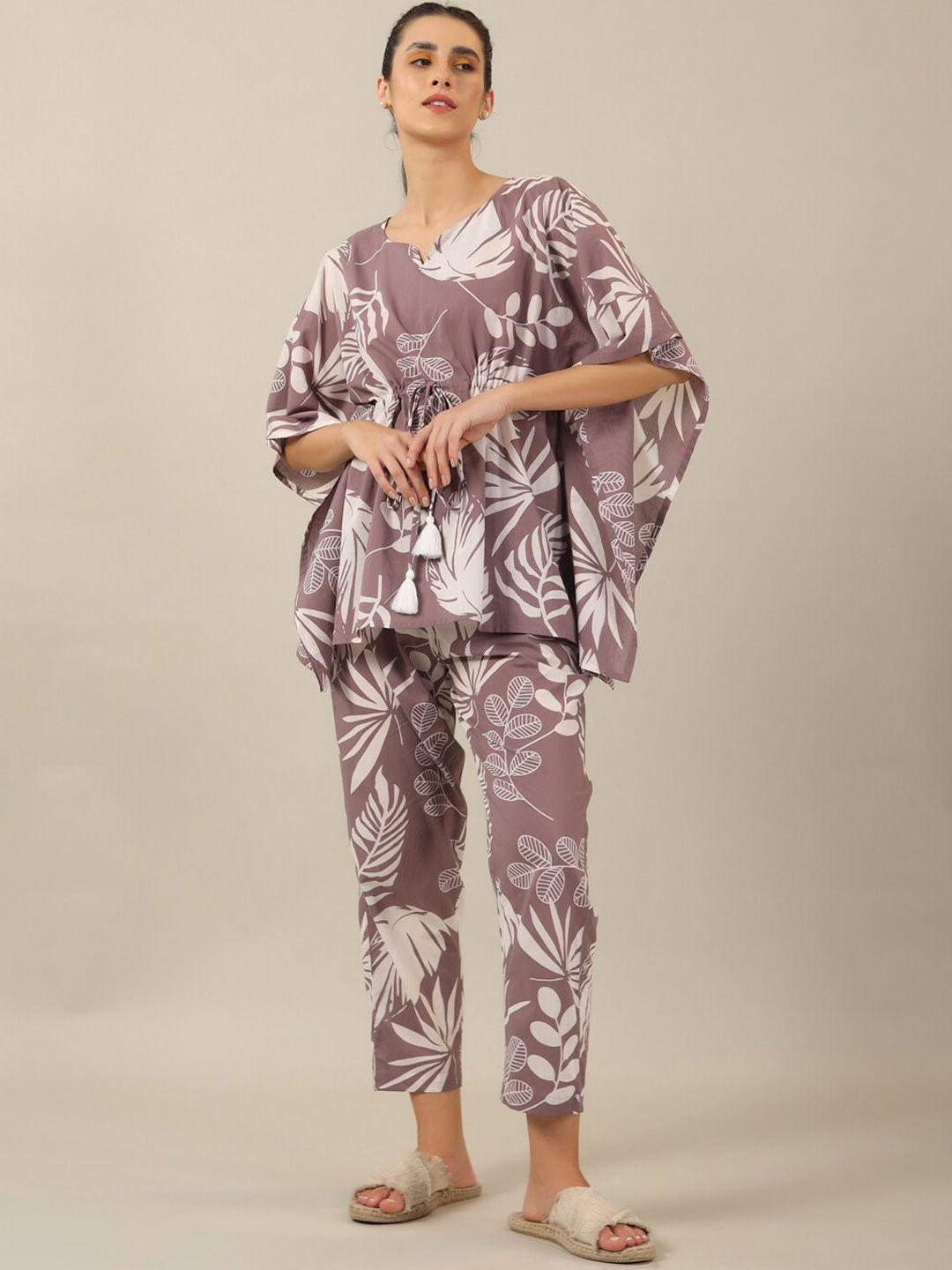 sanskrutihomes lavender floral printed pure cotton kaftan night suit