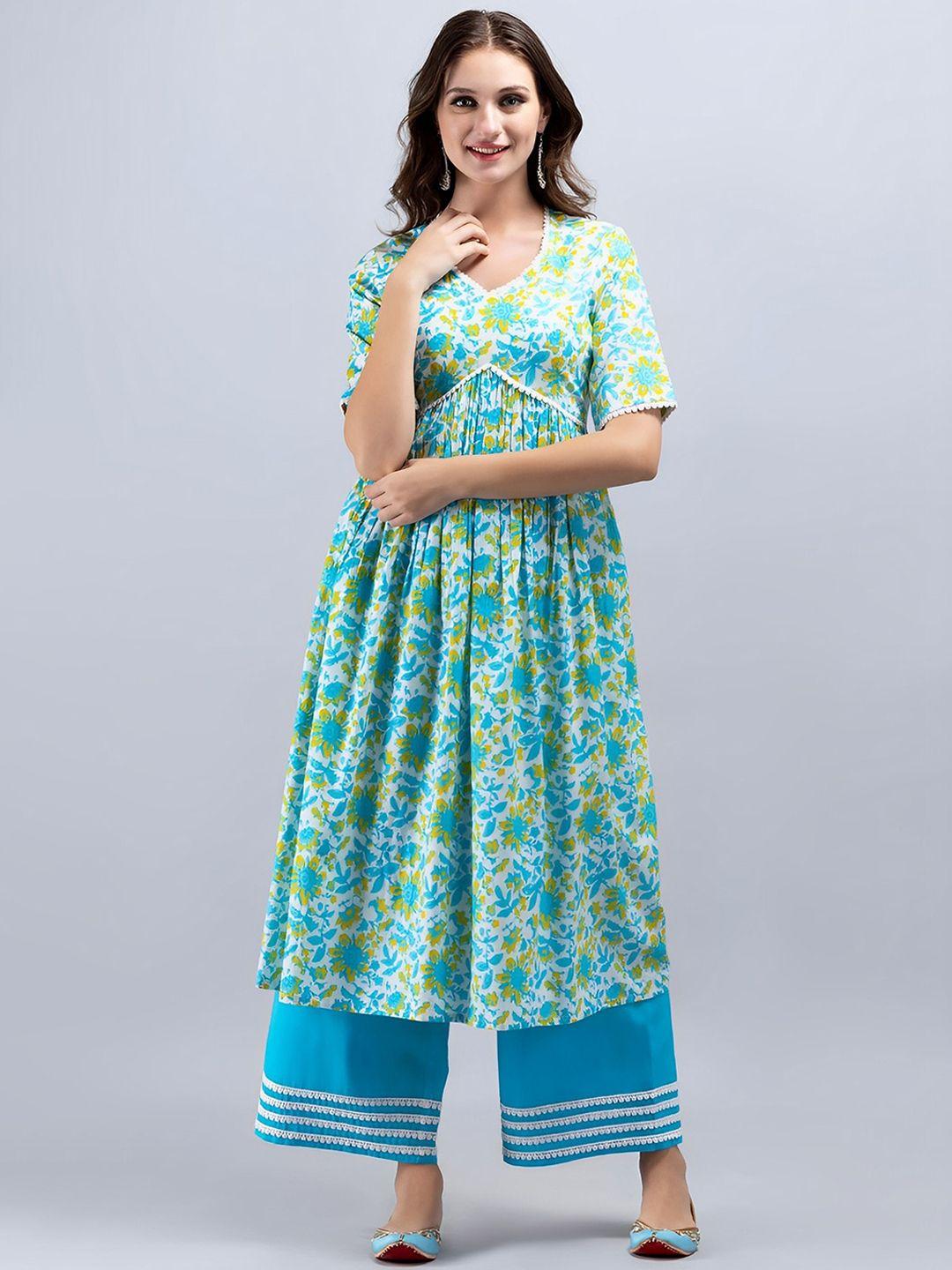 sak jaipur floral printed empire pure cotton kurta with palazzos