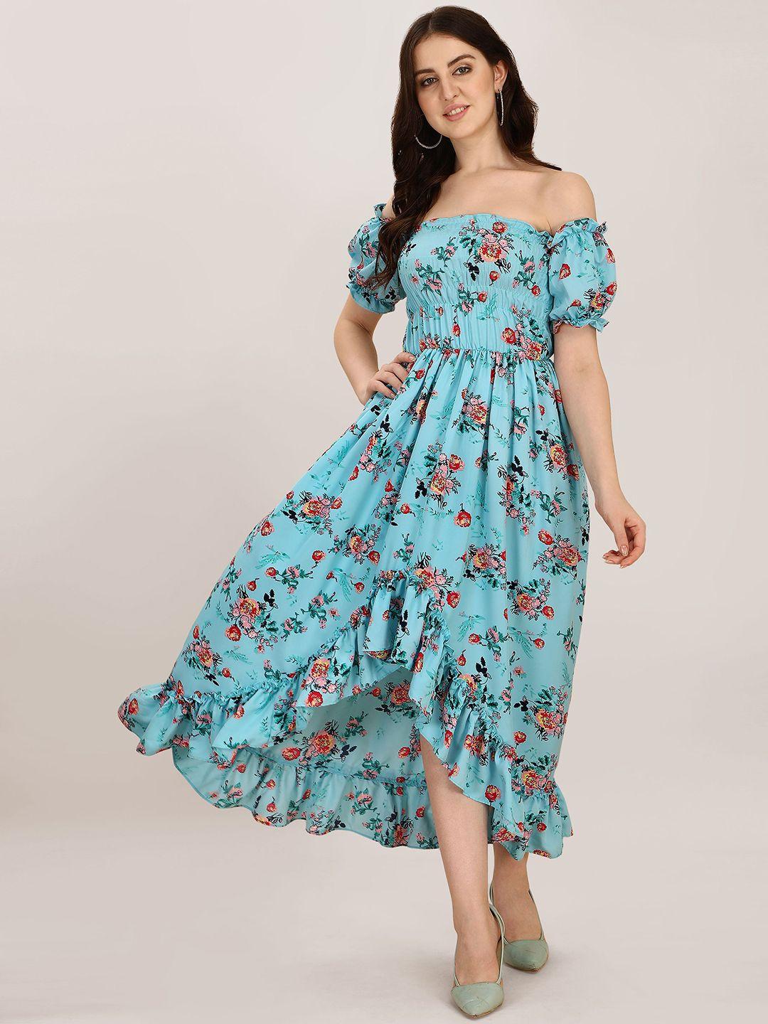 baesd floral printed off-shoulder puff sleeves fit & flare midi dress