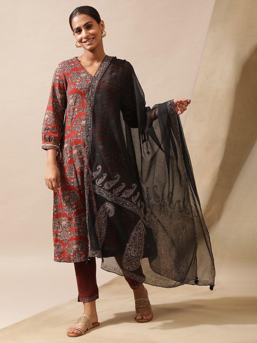 w the folksong collection black brown paisley printed dupatta with chikankari