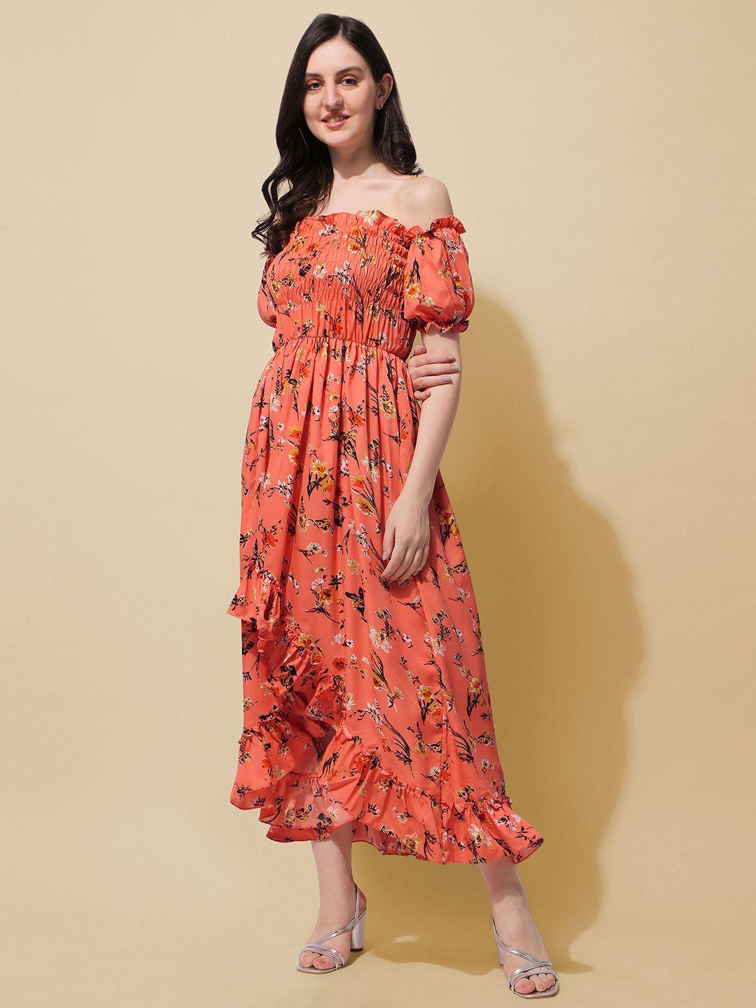 baesd floral printed off-shoulder puff sleeves gathered detailed fit & flare midi dress