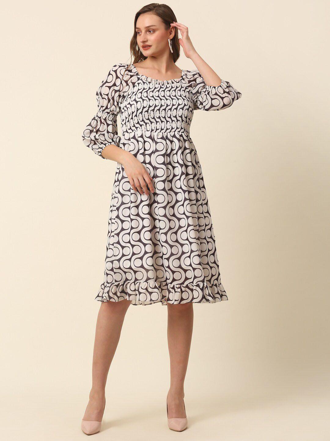 pluss white & black monochrome geometric printed puff sleeves smocked a-line dress