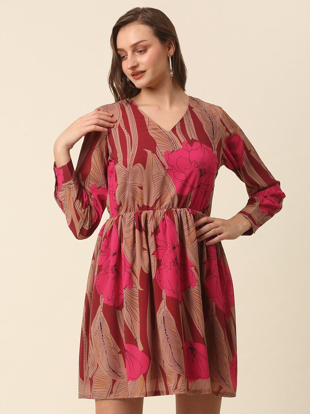 pluss pink & brown floral printed puff sleeves smocked a-line dress