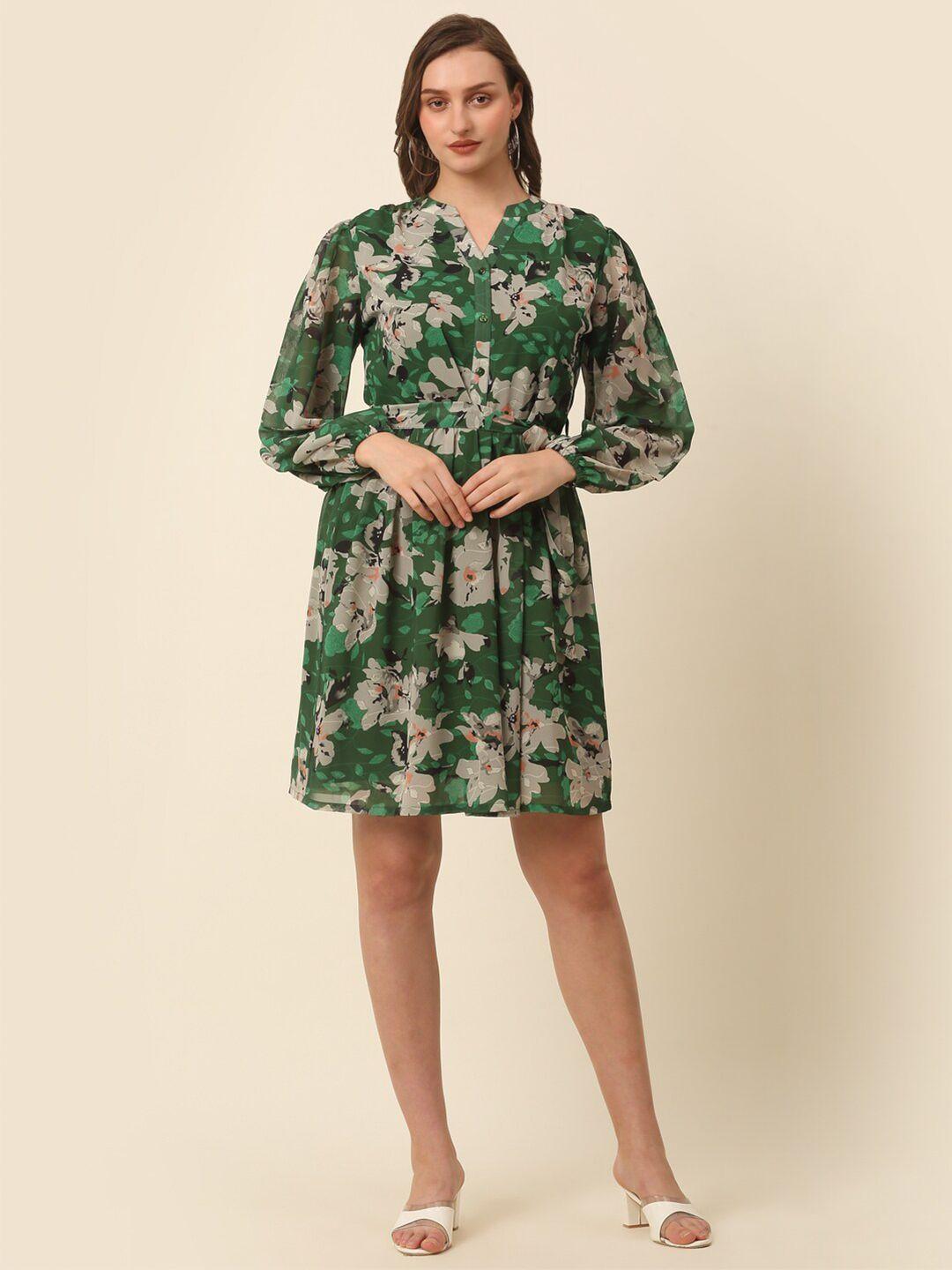 pluss green & beige floral printed puff sleeves gathered fit & flare dress