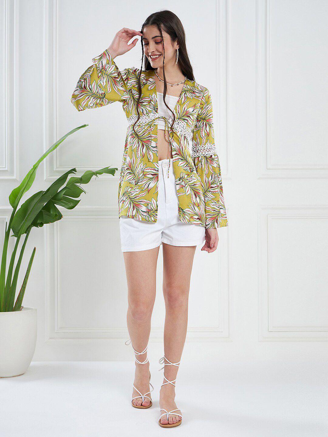 kassually green & white tropical printed tie-up shrug