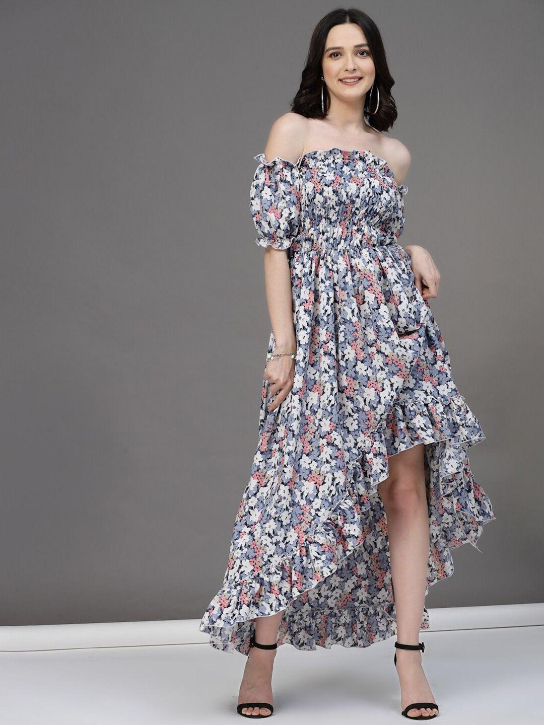 baesd floral printed off-shoulder puff sleeves smocked detail fit & flare dress