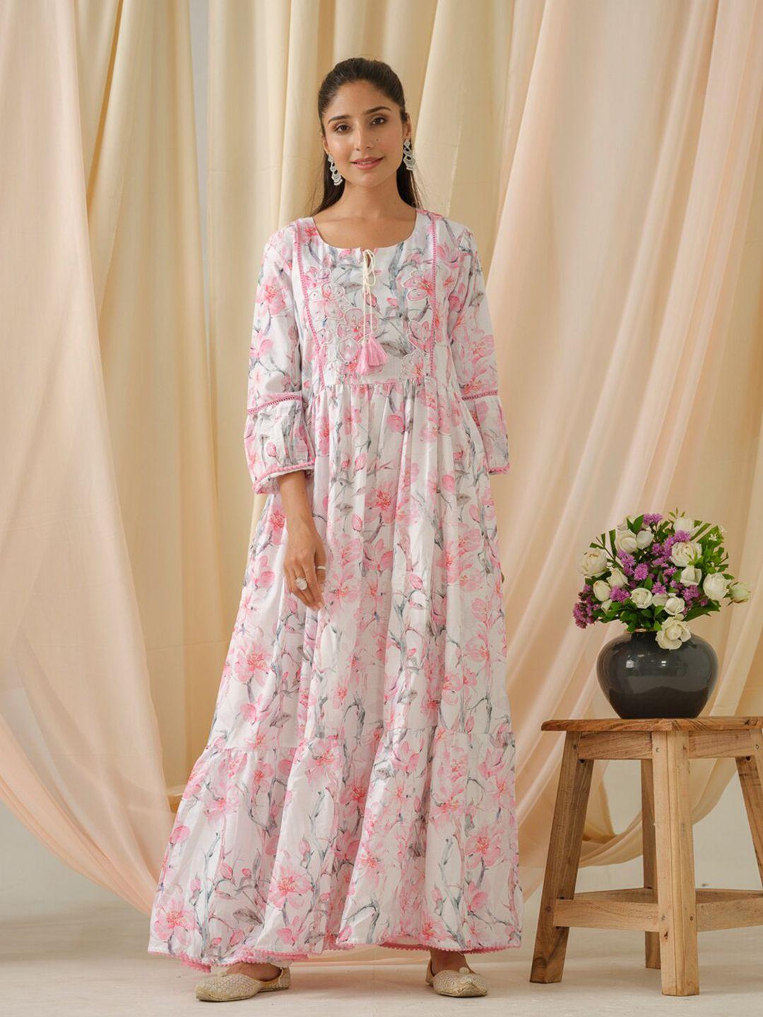 ishin white floral print linen maxi ethnic dress