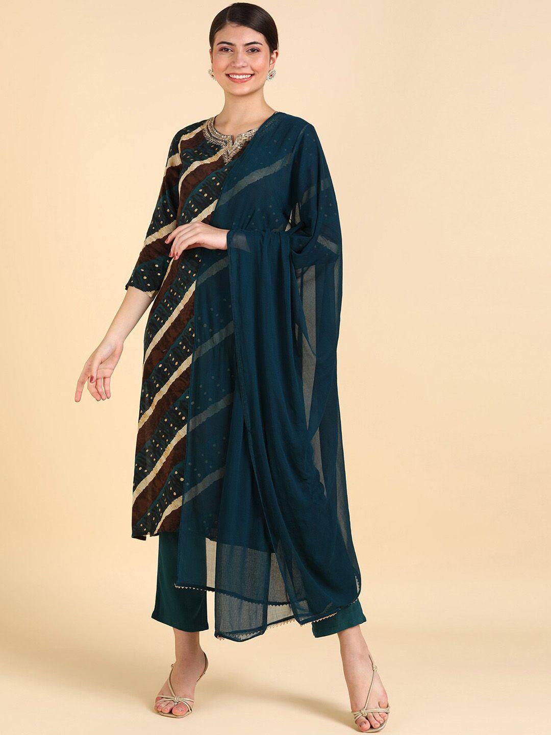 maaesa striped straight kurta & trousers with dupatta