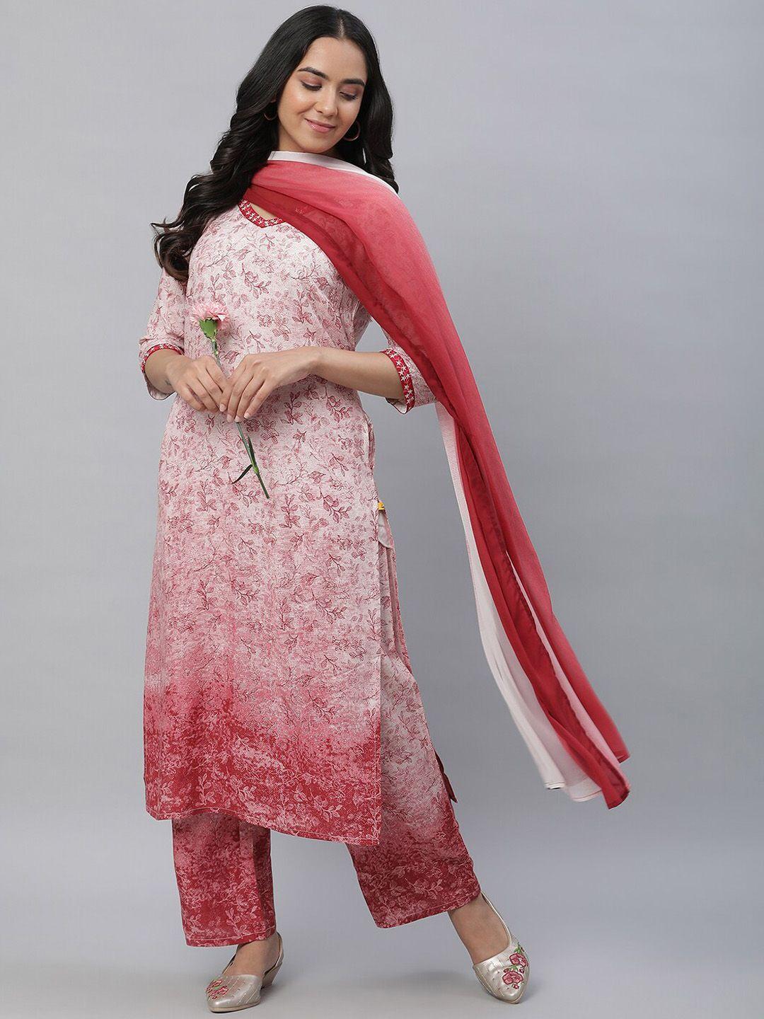 aurelia floral printed v-neck straight kurta & trousers with dupatta