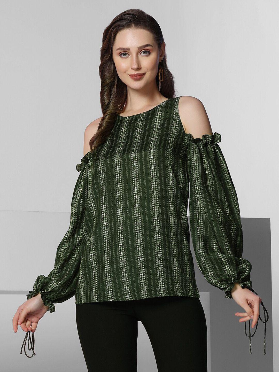 selvia printed round neck cold-shoulder top