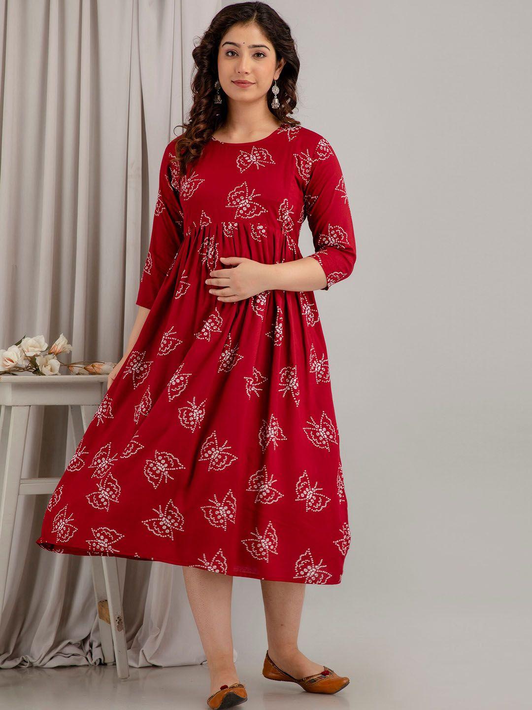 mialo fashion ethnic motifs printed fit & flare midi feeding maternity ethnic dress