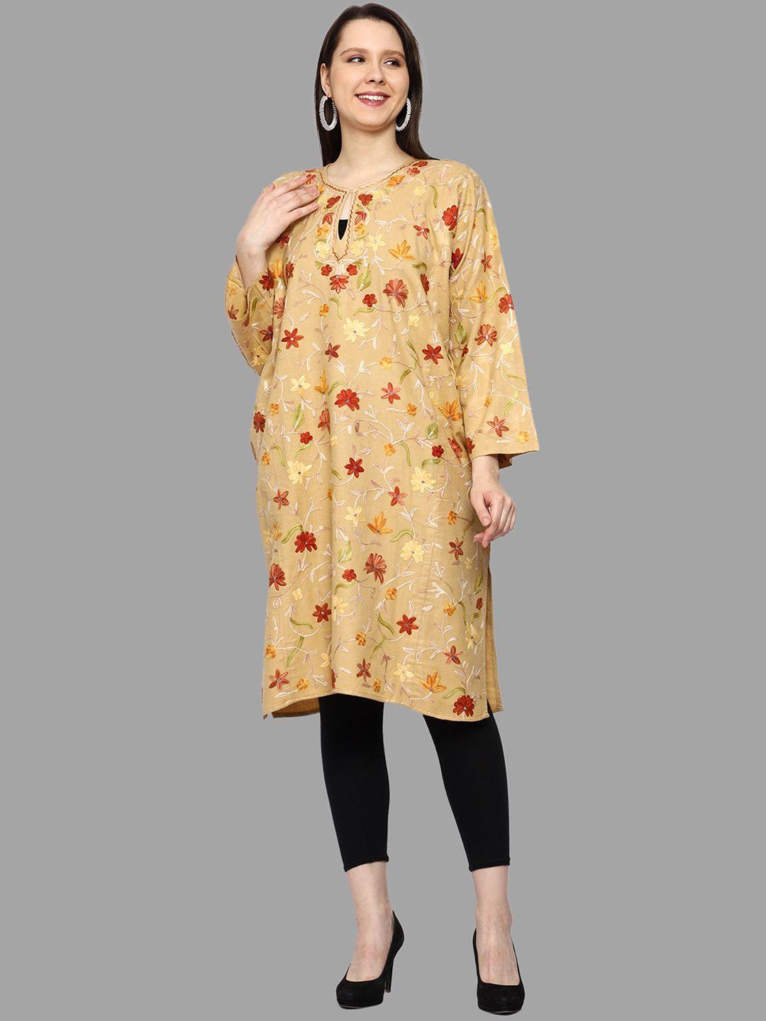 craftbazar floral printed keyhole neck flared sleeves thread work woollen kurta