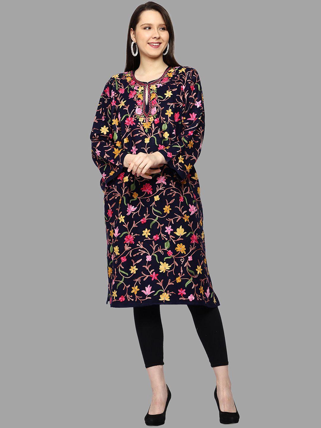 craftbazar floral printed keyhole neck flared sleeves thread work woollen kurta