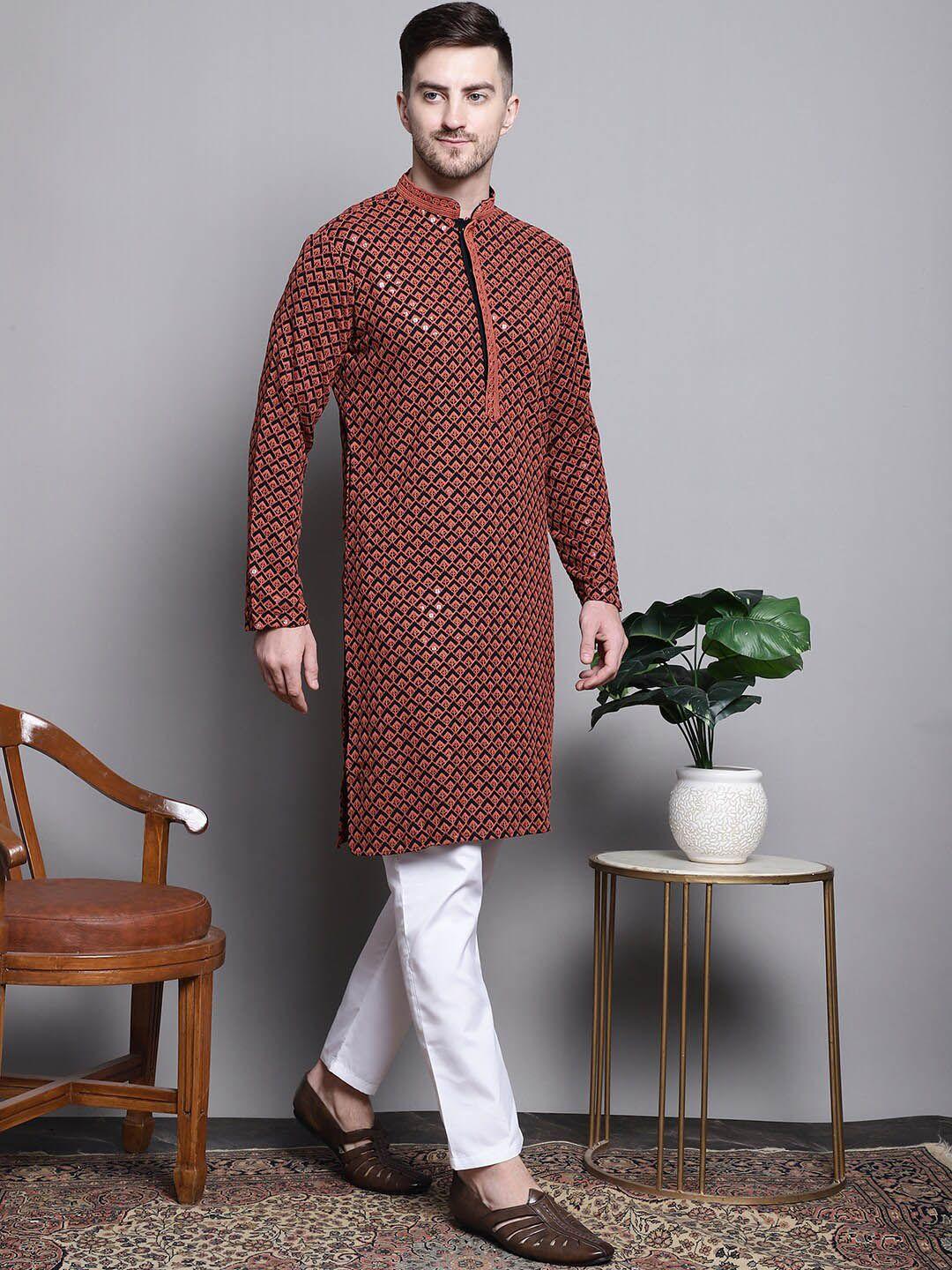 jompers geometric embroidered thread work sequinned pure cotton kurta