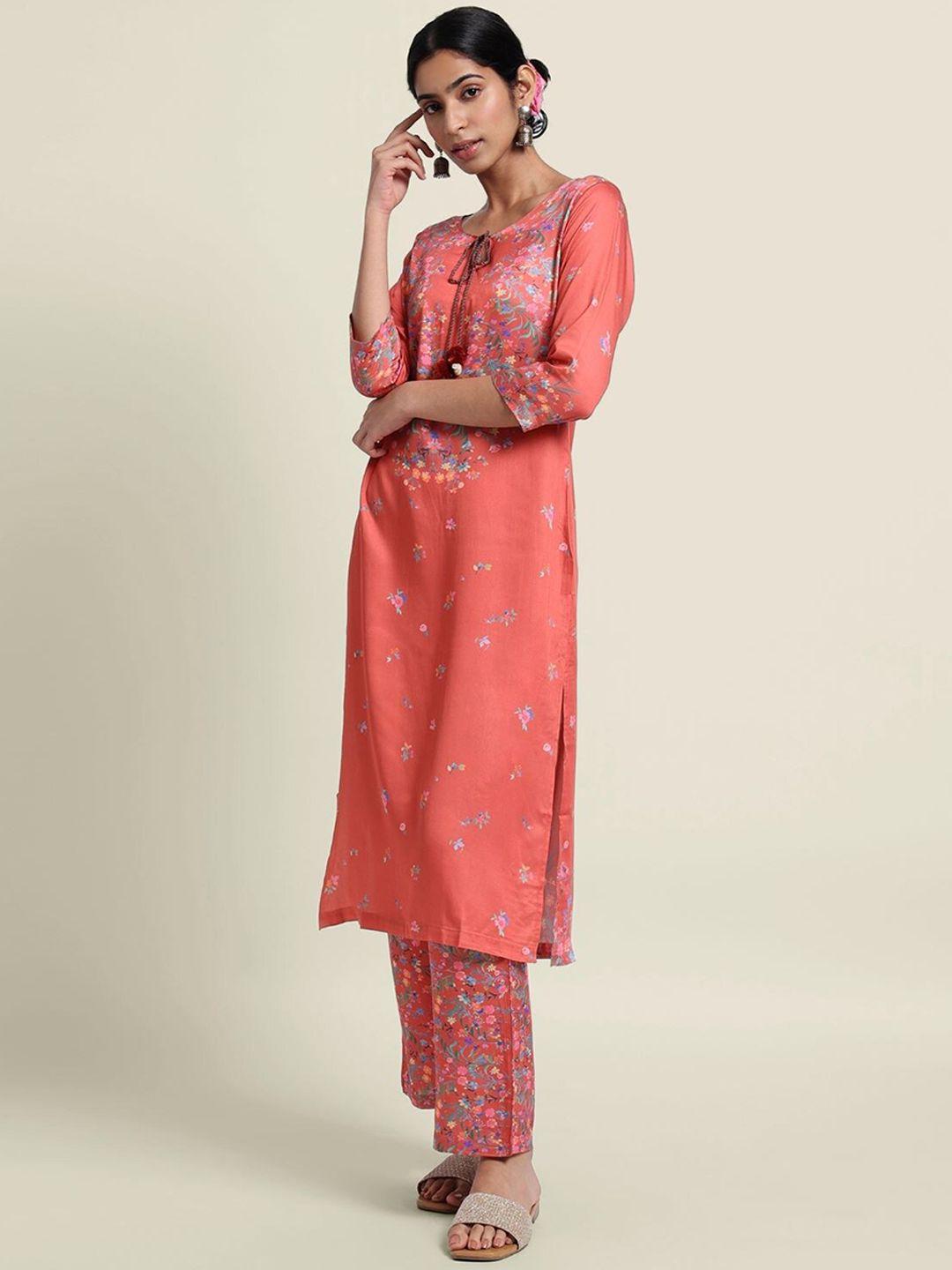 bombay bloom floral printed tie-up neck linen kurta with trousers