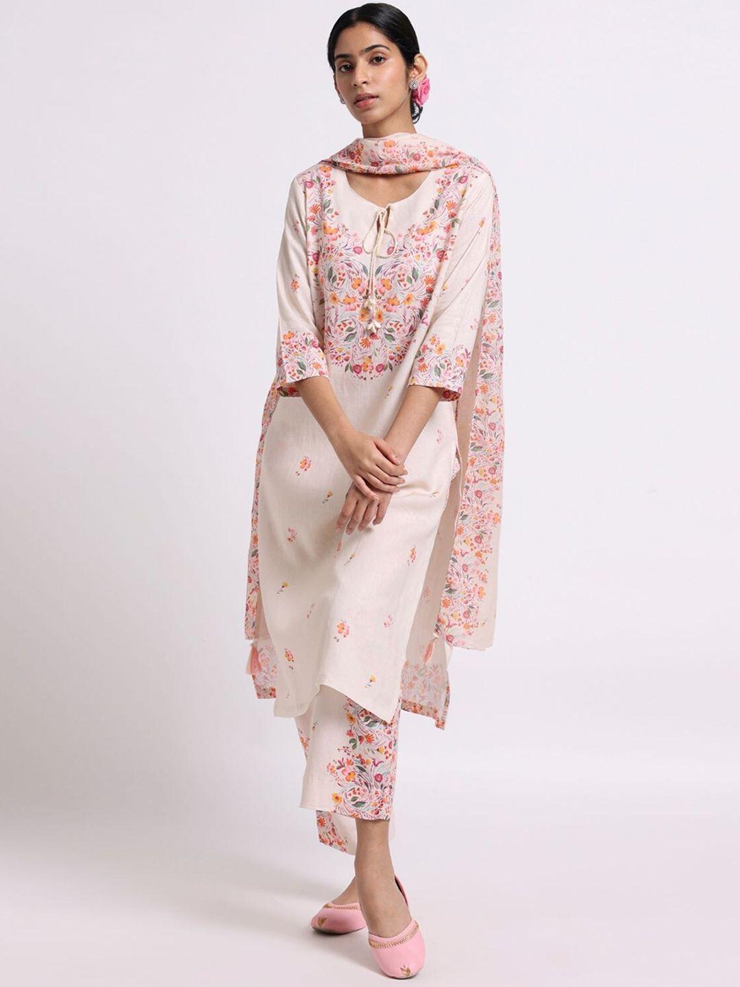 bombay bloom floral printed tie-up neck linen kurta with trousers