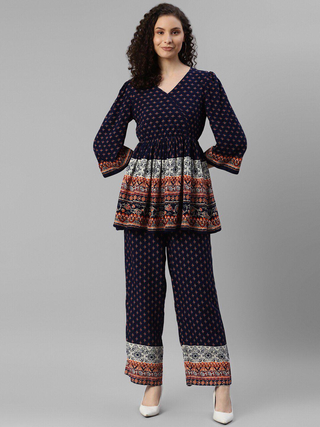 deebaco printed v-neck tunic tops & trousers