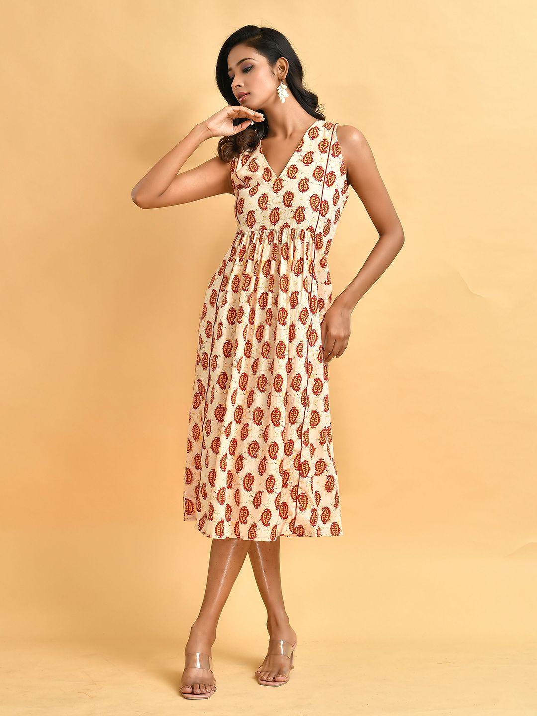 disli ethnic motifs printed v-neck gathered detailed a-line midi dress