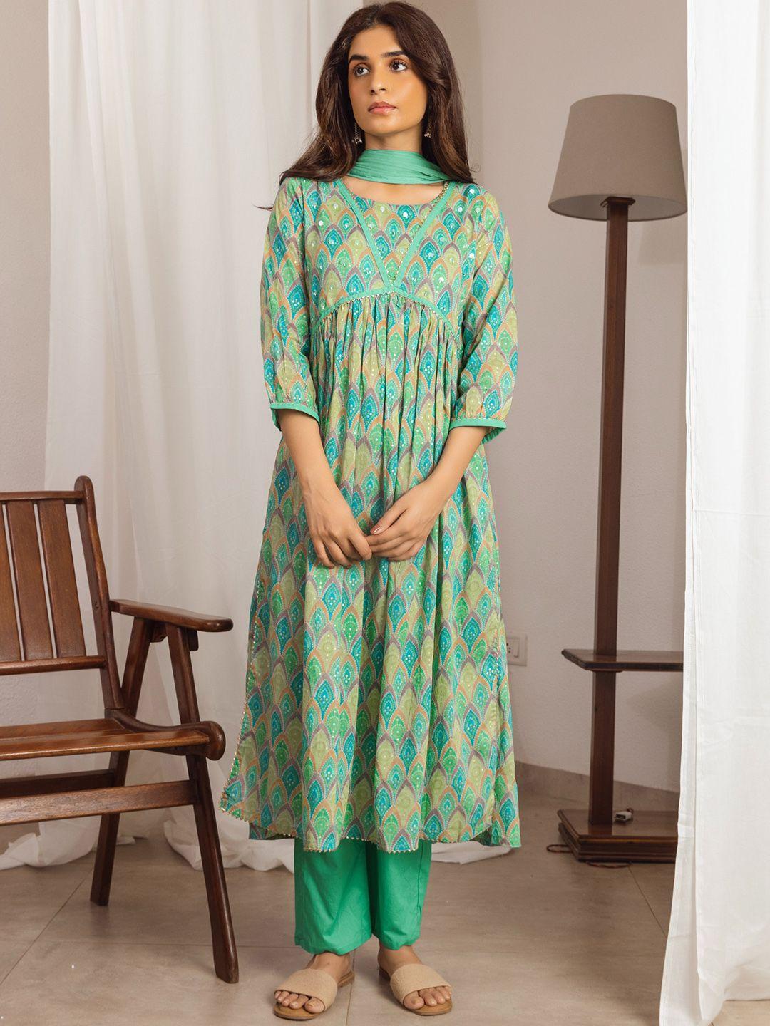 sangria ethnic motifs printed pure cotton a-line kurta with trousers & dupatta