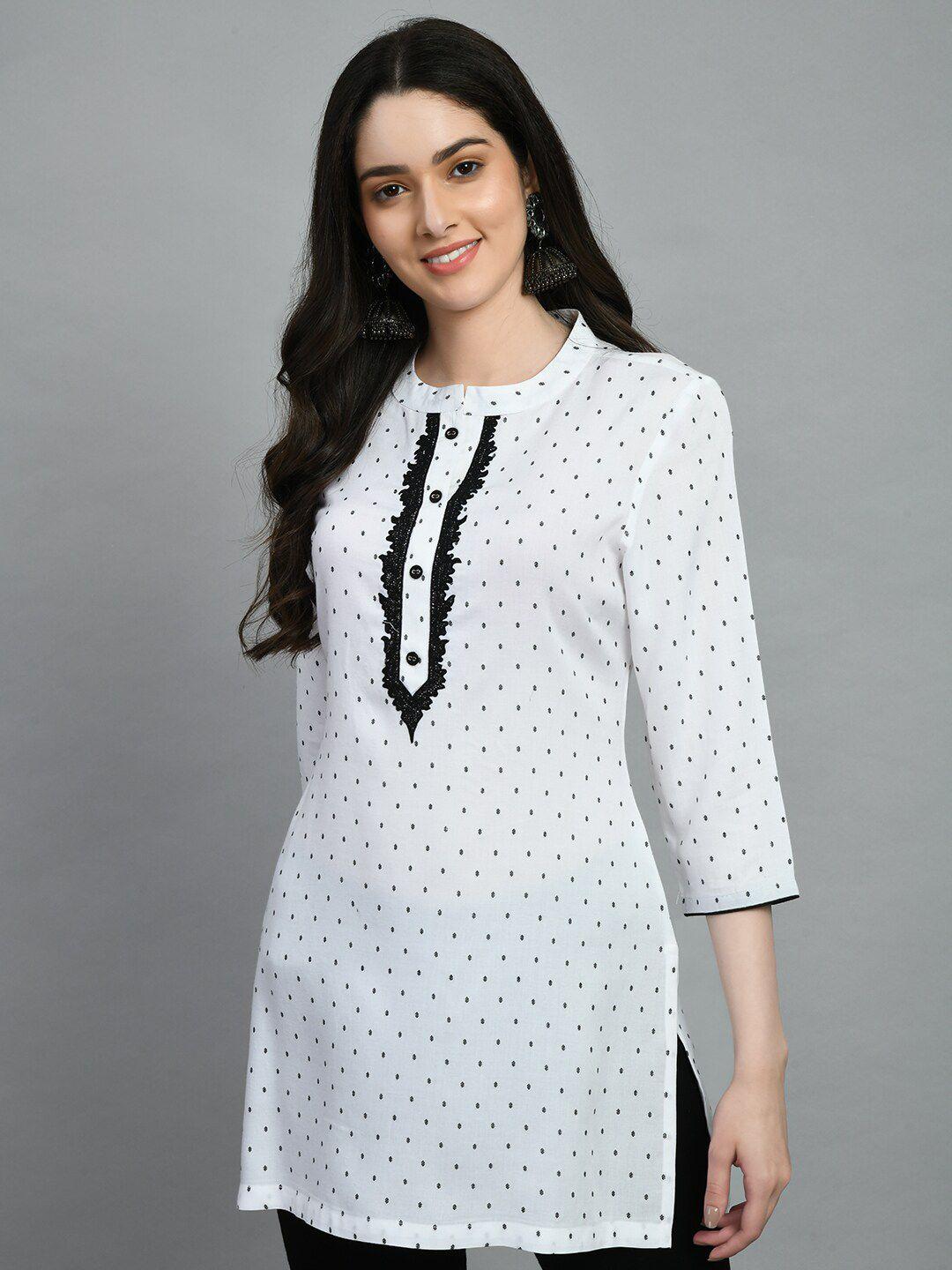 meesan round neck geometric printed embroidered yoke design detail kurti