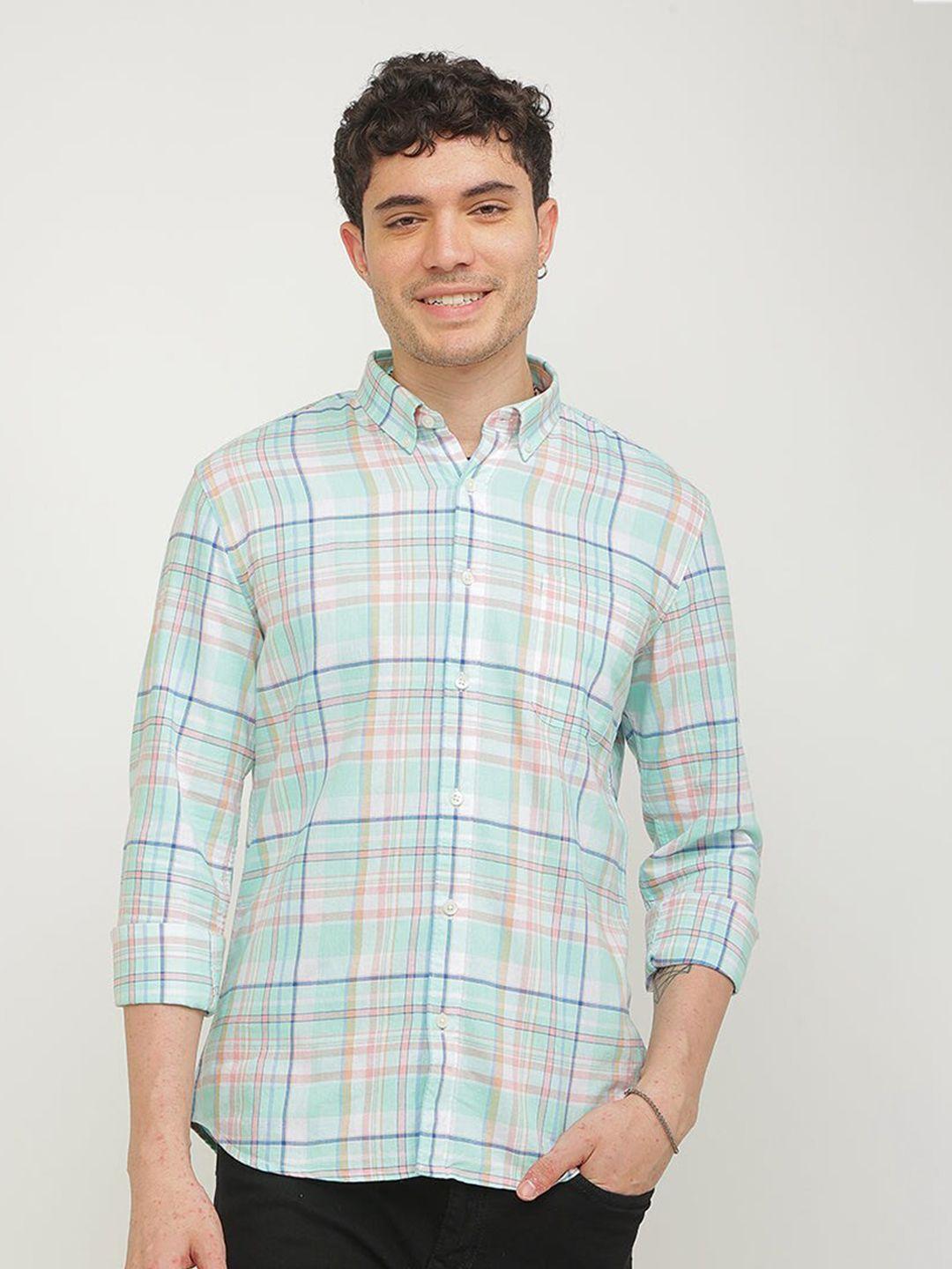 snitch green tartan checks checked classic slim fit cotton casual shirt