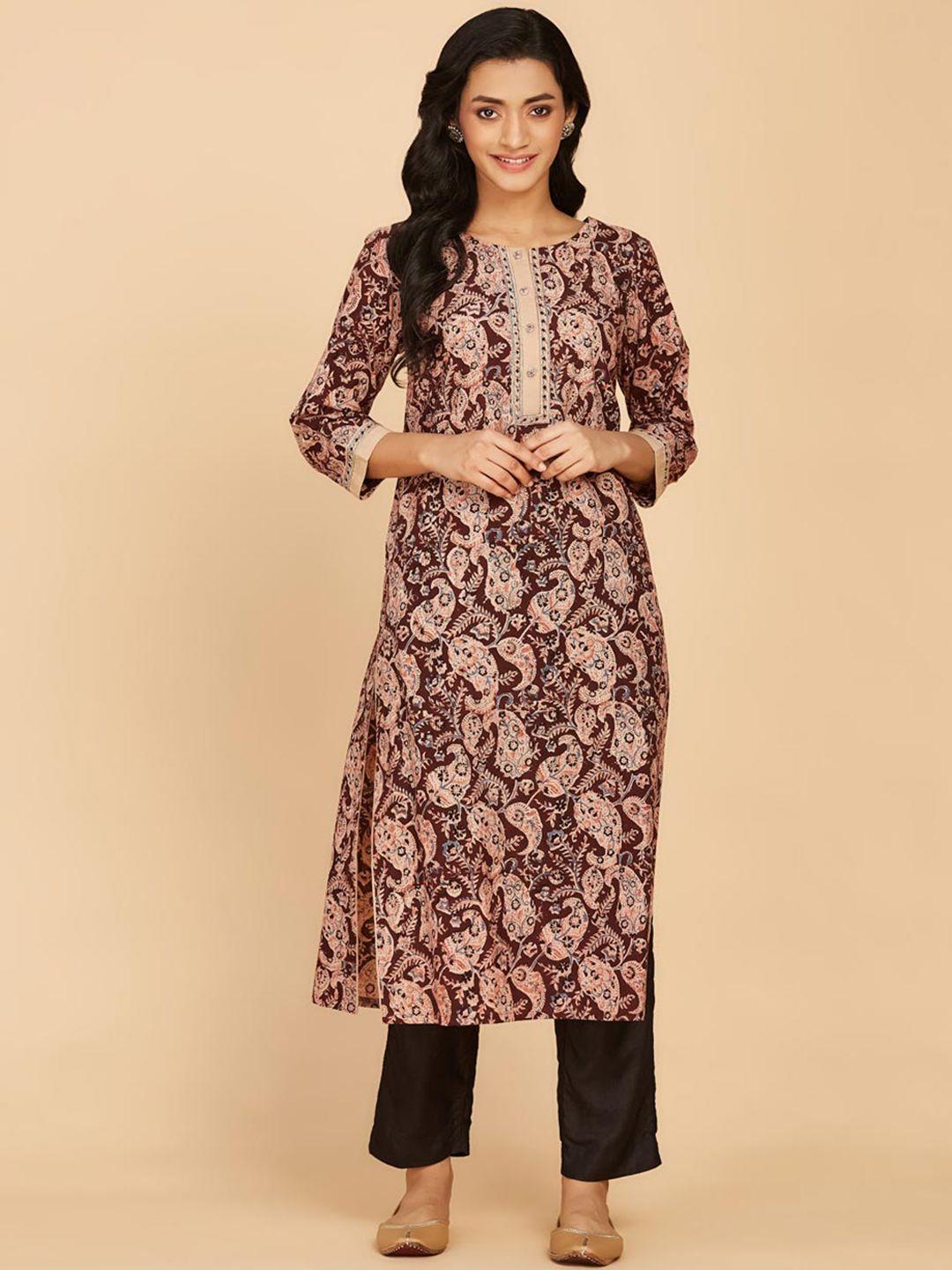 fabindia paisley printed notched neck cotton straight kurta