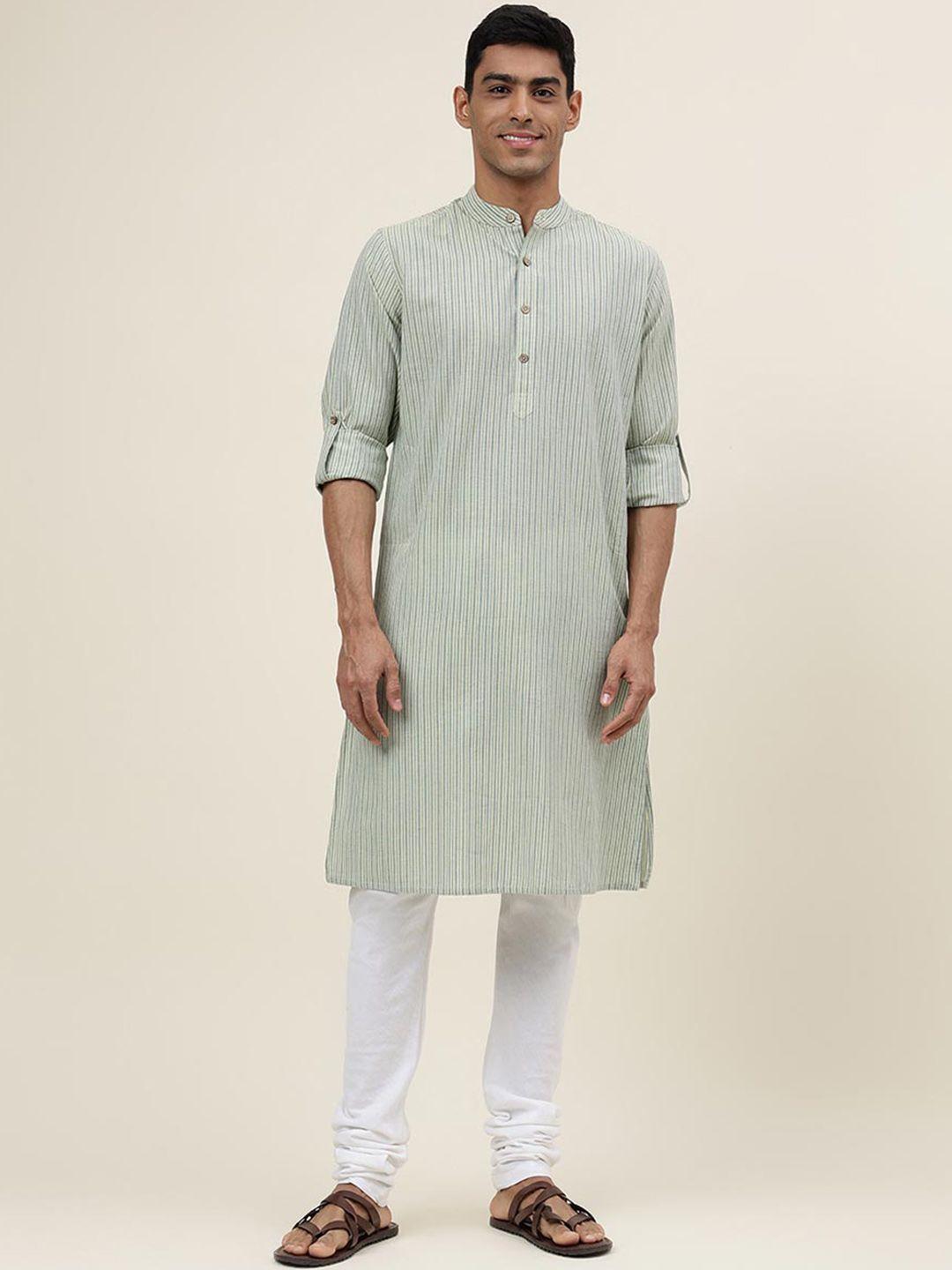 fabindia striped band collar roll-up sleeves kurta