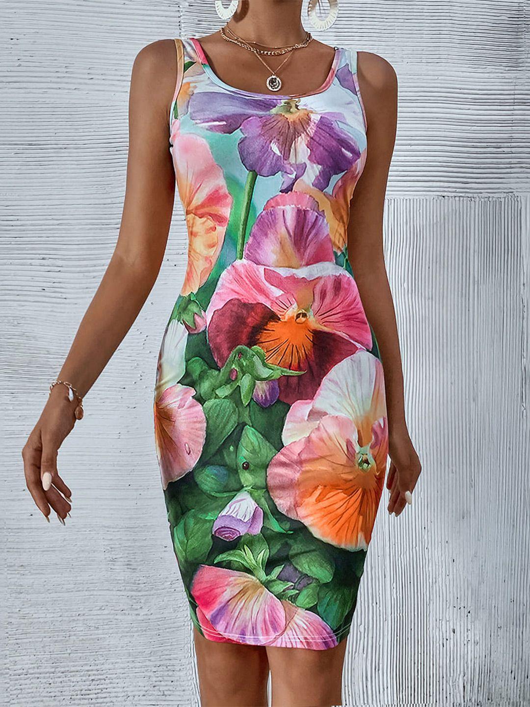 bostreet purple & pink floral printed sleeveless sheath dress