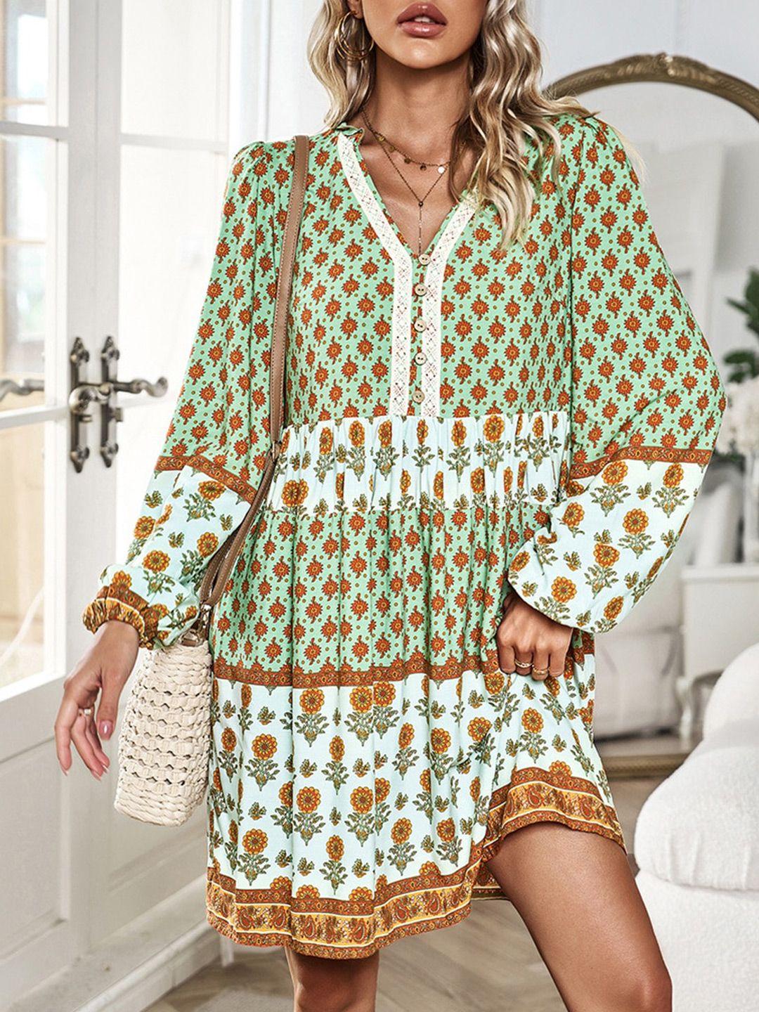 bostreet green & white floral printed puff sleeve bohemian a-line dress