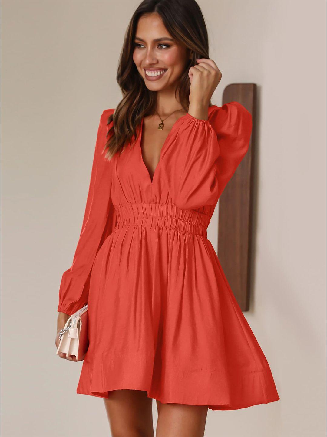 bostreet orange v-neck puff sleeves gathered casual fit & flare dress