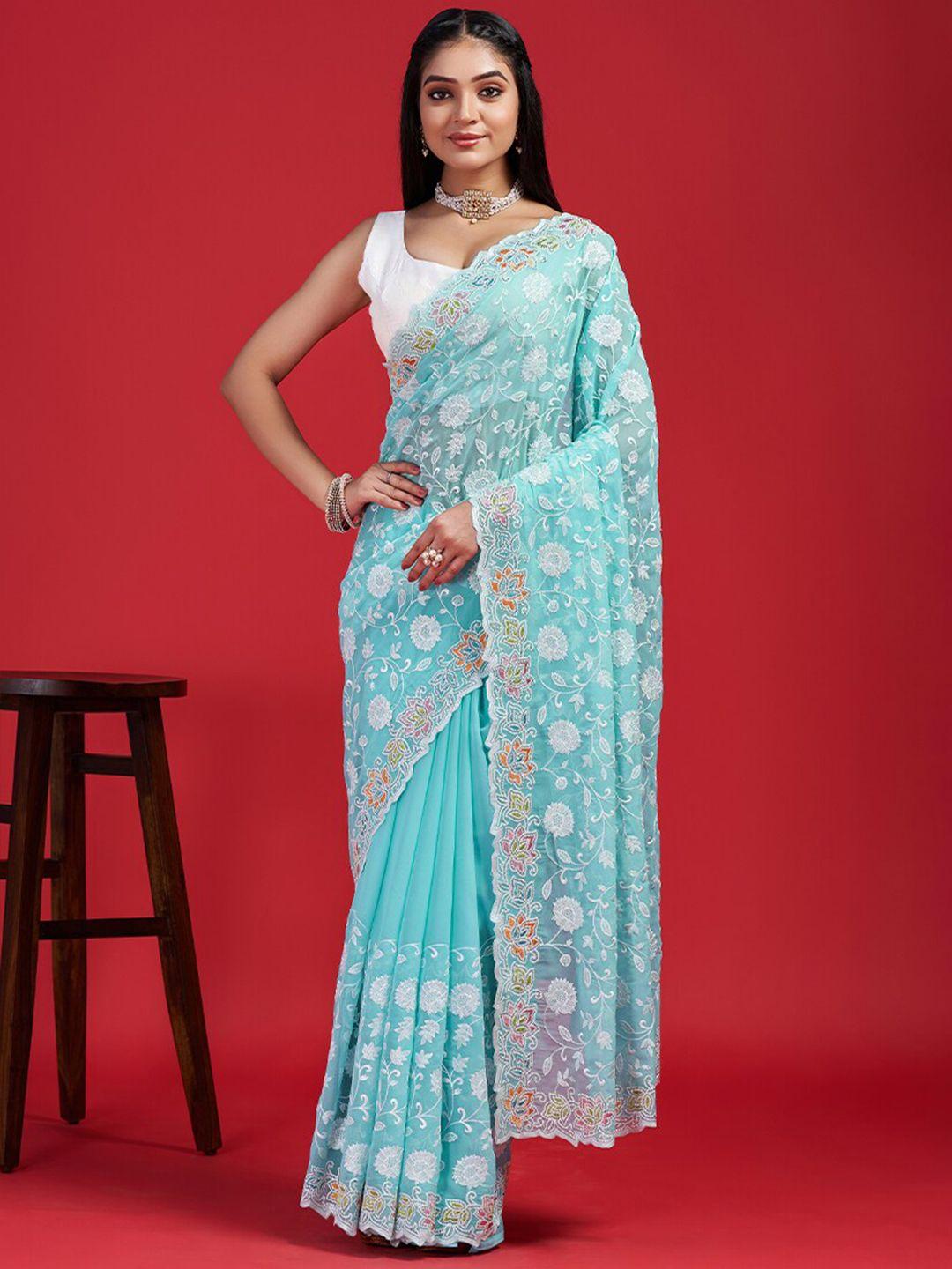 anouk blue floral embroidered beads & stones organza saree