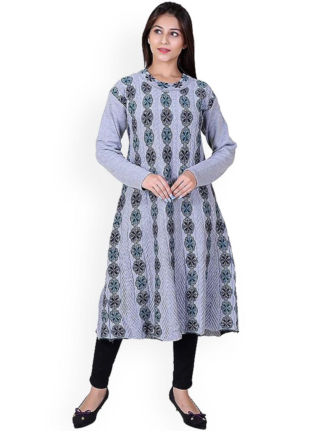 sammyco round neck ethnic motifs woven design regular pure wool kurta with leggings