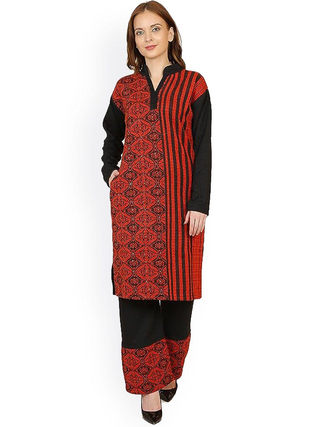 sammyco mandarin collar ethnic motifs woven design regular pure wool kurta with palazzo