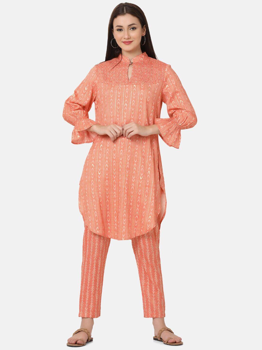 ffu ethnic motifs printed mandarin collar bell sleeves kurta with trousers