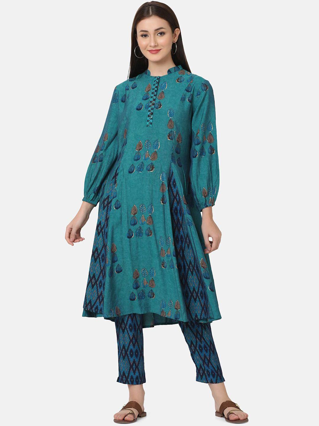 ffu ethnic motifs printed puffed sleeves a-line kurta with trousers