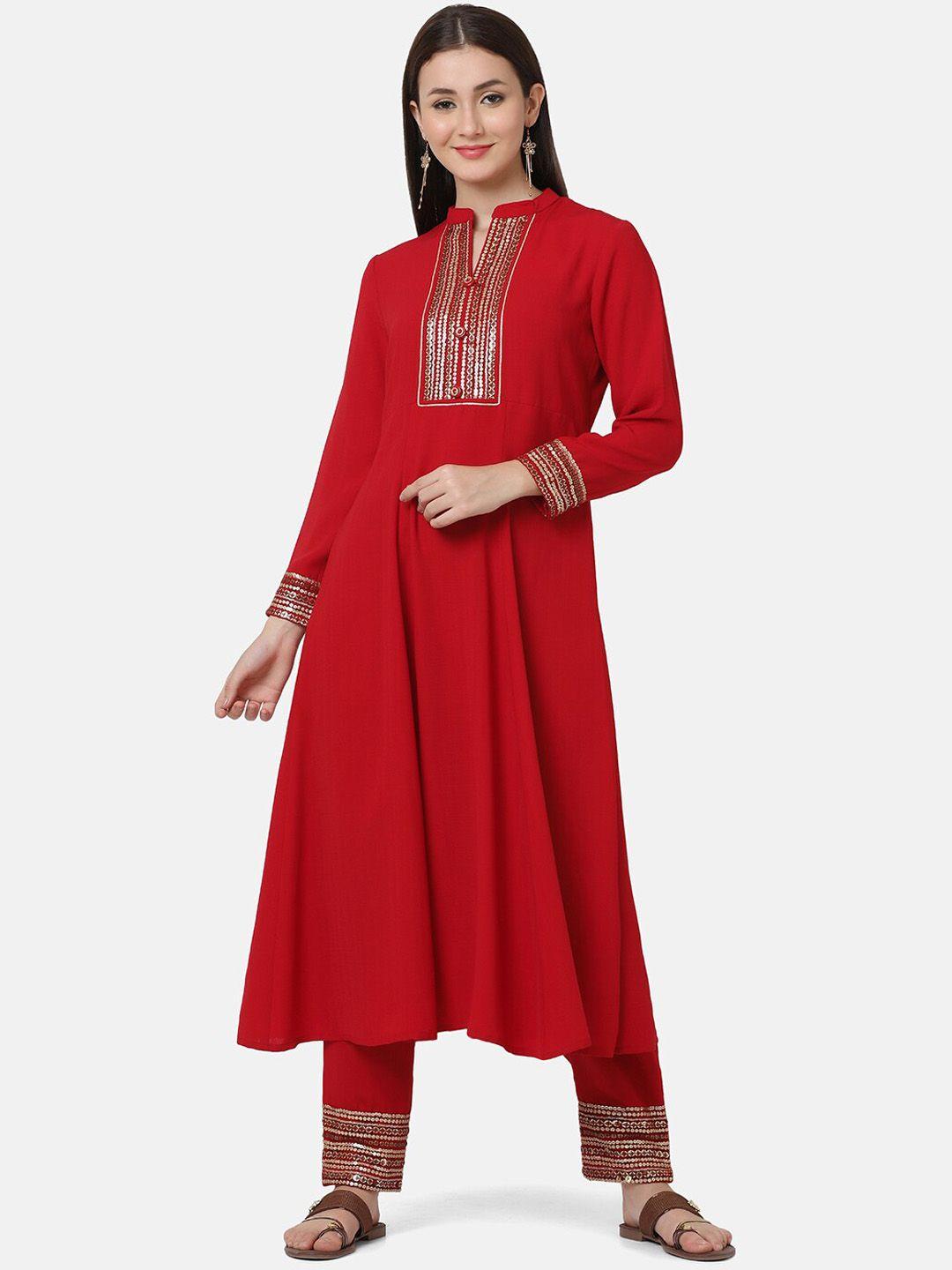 ffu striped yoke design mandarin collar sequinned kurta with trousers